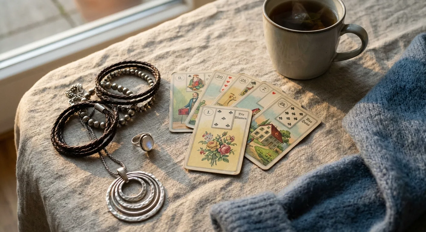 Lenormandkarten mit Schmuck und Tee